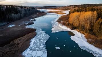 Aerial view of melting ice floes in serene river landscape photo