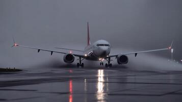 plane landing on wet runway during heavy rain and low visibility photo