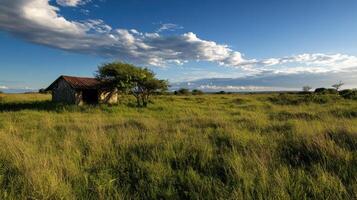 Abandoned building in vast green field under blue sky photo