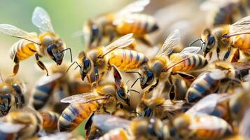 Bees buzzing vibrant hive, showcasing their teamwork and energy photo