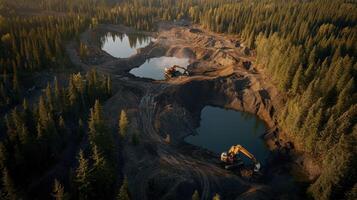 Aerial view of construction site with excavators and ponds photo