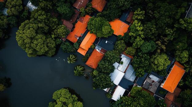 Aerial view of flooded neighborhood with orange rooftops photo