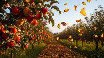 An apple orchard with many apples and butterflies flying around photo