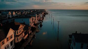 Aerial view of flooded neighborhood with submerged homes photo