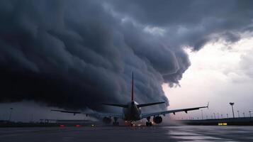 plane at airport under dark storm clouds, showcasing turbulence photo