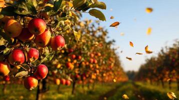Autumn orchard with apple trees and ripe fruit photo