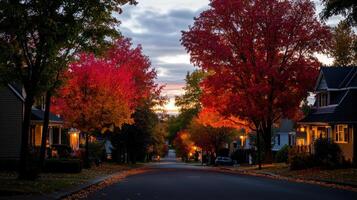 A street lined with houses with colorful trees photo