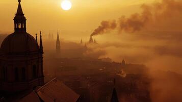 Aerial view of city at sunset with smog and silhouettes photo