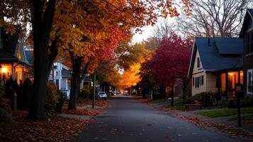 A street lined with houses with colorful leaves photo
