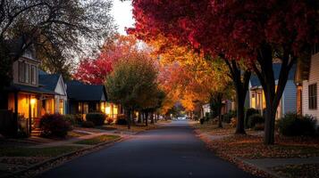 A street lined with houses with colorful trees photo
