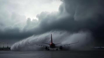 plane facing turbulent weather at airport runway photo