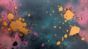 Vibrant abstract art with gold splashes on dark background photo