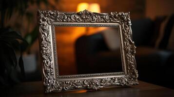 A silver frame sitting on a table in front of a lamp photo