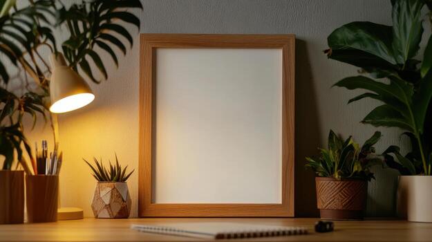 Artistic wooden frame with white center on desk photo