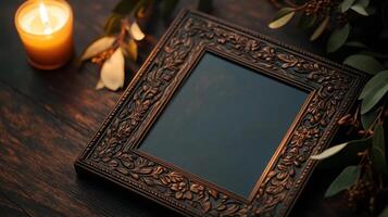 Antique bronze picture frame with floral design and candle photo