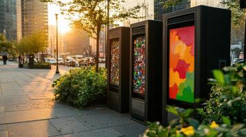 Urban recycling station with colorful bins at sunset photo