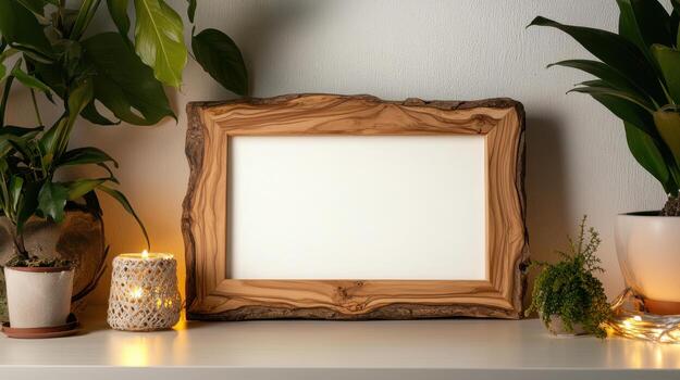 Artistic wooden frame with white center on shelf photo