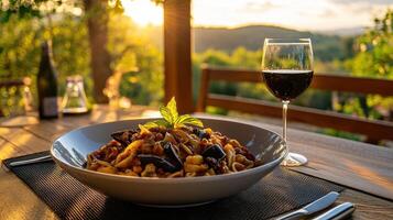 Delicious pasta with eggplant and red wine in scenic setting photo