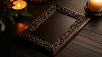 A wooden frame with candles and a blank photo on a table