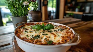 Baked ziti with melted cheese and fresh herbs in dish photo