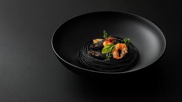 A black bowl with pasta and shrimp on top photo