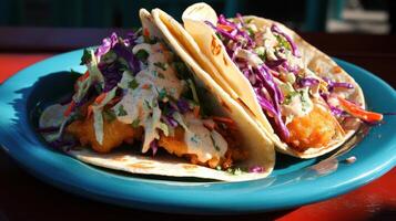 Delicious fish tacos with creamy coleslaw and vibrant toppings photo