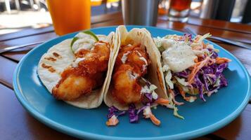Crispy fish tacos with creamy coleslaw and lime garnish photo