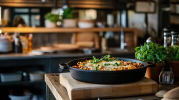 Baked ziti with melted cheese and fresh herbs in kitchen photo