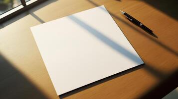 Blank note paper on desk with pen beside it, soft light photo