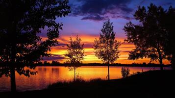 Stunning sunset over lake with vibrant colors and silhouettes photo