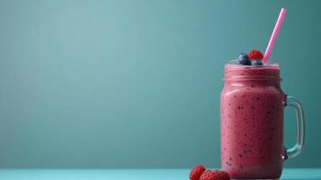Berry smoothie with raspberries and blueberries in jar photo
