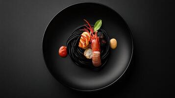 Black squid ink pasta with grilled seafood and elegant photo