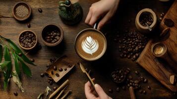 Creating latte art with coffee and beans on wooden table photo