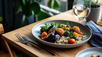 Baked falafel with quinoa, roasted eggplant, and fresh vegetables photo