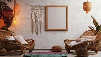 Two wicker chairs and a rug in a room photo