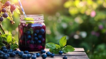 Refreshing blueberry juice in jar with fresh berries photo