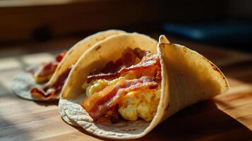 Two tacos with bacon and eggs on top photo