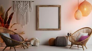 A room with a wooden frame and two wicker chairs photo