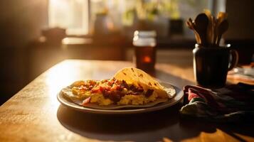 Delicious breakfast tacos with eggs and bacon in sunlight photo