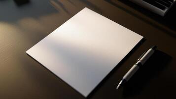 Blank note paper on desk with pen beside it, ready to write photo