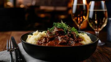 Delicious lamb curry served with creamy mashed potatoes photo
