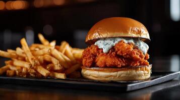 A chicken sandwich with blue cheese sauce on a bun photo