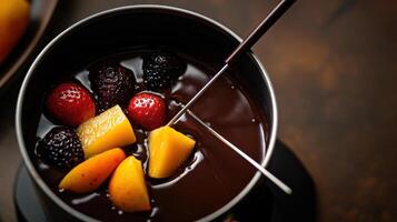Chocolate fondue with fresh fruit for dipping, elegant and photo