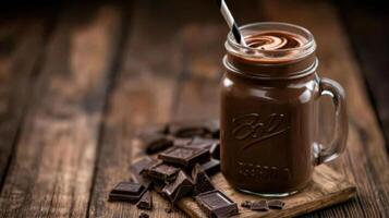 Rich chocolate drink in mason jar with chocolate pieces photo