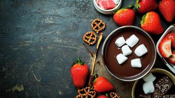 Indulge in chocolate fondue with strawberries and pretzels photo