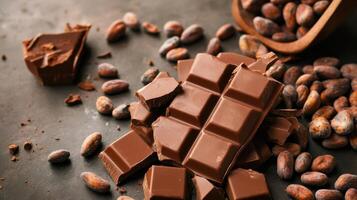 Chocolate and cocoa beans on a dark background photo