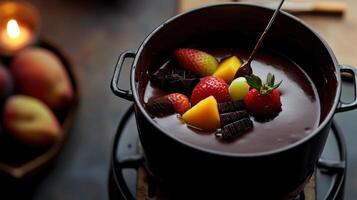 Delicious chocolate fondue with fresh fruit and chocolate pieces photo
