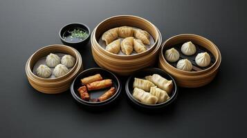 Delicious dim sum served in bamboo steamers on dark surface photo