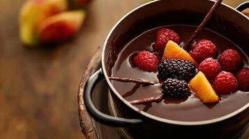 Chocolate fondue with fresh fruit for dipping photo