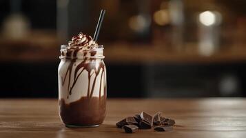 Delicious chocolate milkshake with syrup and whipped cream photo